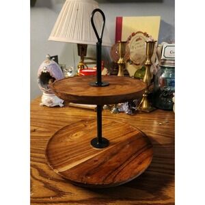 Vintage Rustic Cottage Wooden 2 Tier Display Stand Serving Tray Tabletop
